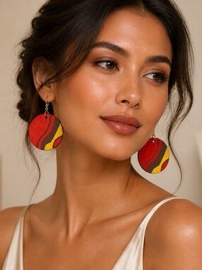 Red & Yellow Round Wave Drop Earrings - Hand Painted by Chic Style